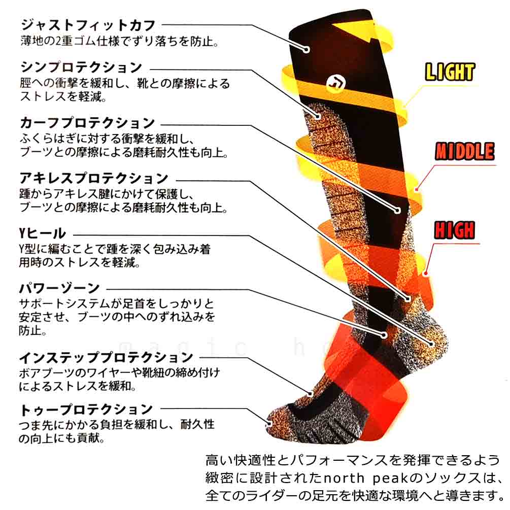 スキー スノーボード ソックス 靴下 メンズ レディース 高機能 三段階 着圧 スポーツソックス 吸汗 速乾 保温 防寒 保温 衝撃緩和 north peak ノースピーク 黒 MMP-750-SOX-BK-23-25 north peak(ノースピーク) 1